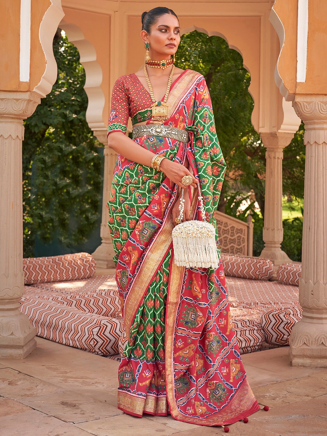 

Anouk Ethnic Motifs Printed Beads And Stones Embellished Patola Saree, Green