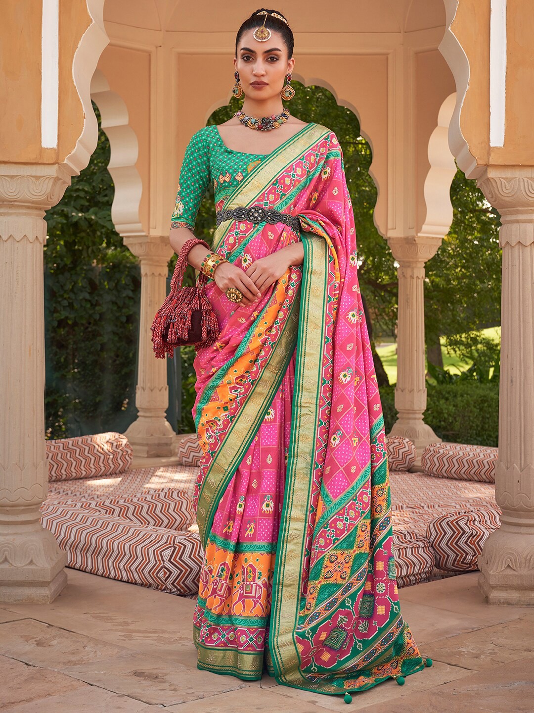 

Anouk Ethnic Motifs Silk Blend Patola Saree, Pink