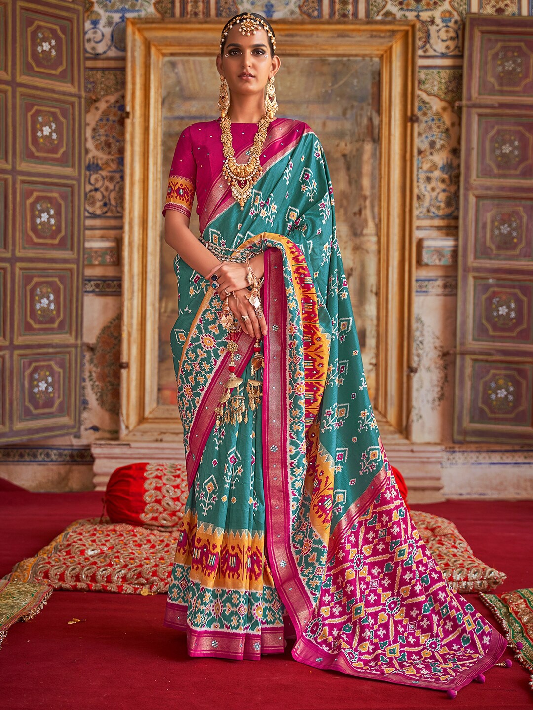 

Anouk Ethnic Motifs Printed Embellished Mirror Work Pochampally Saree, Blue