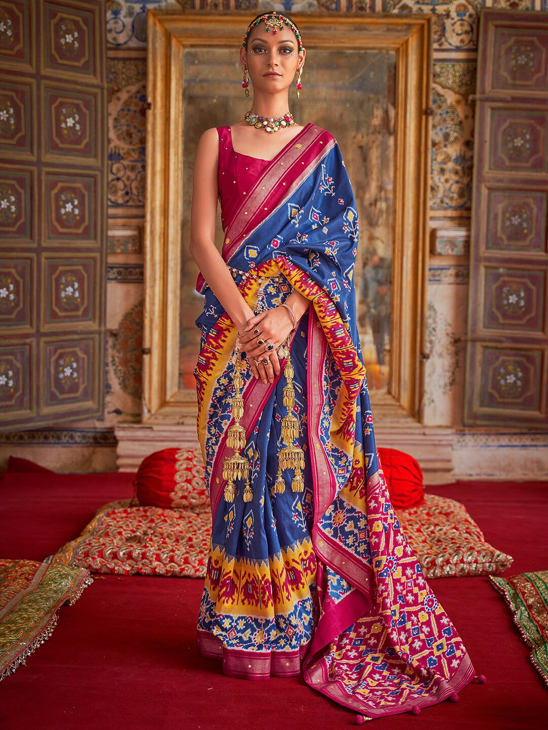 

Anouk Ethnic Motifs Printed Mirror Worked Pochampally Saree, Navy blue