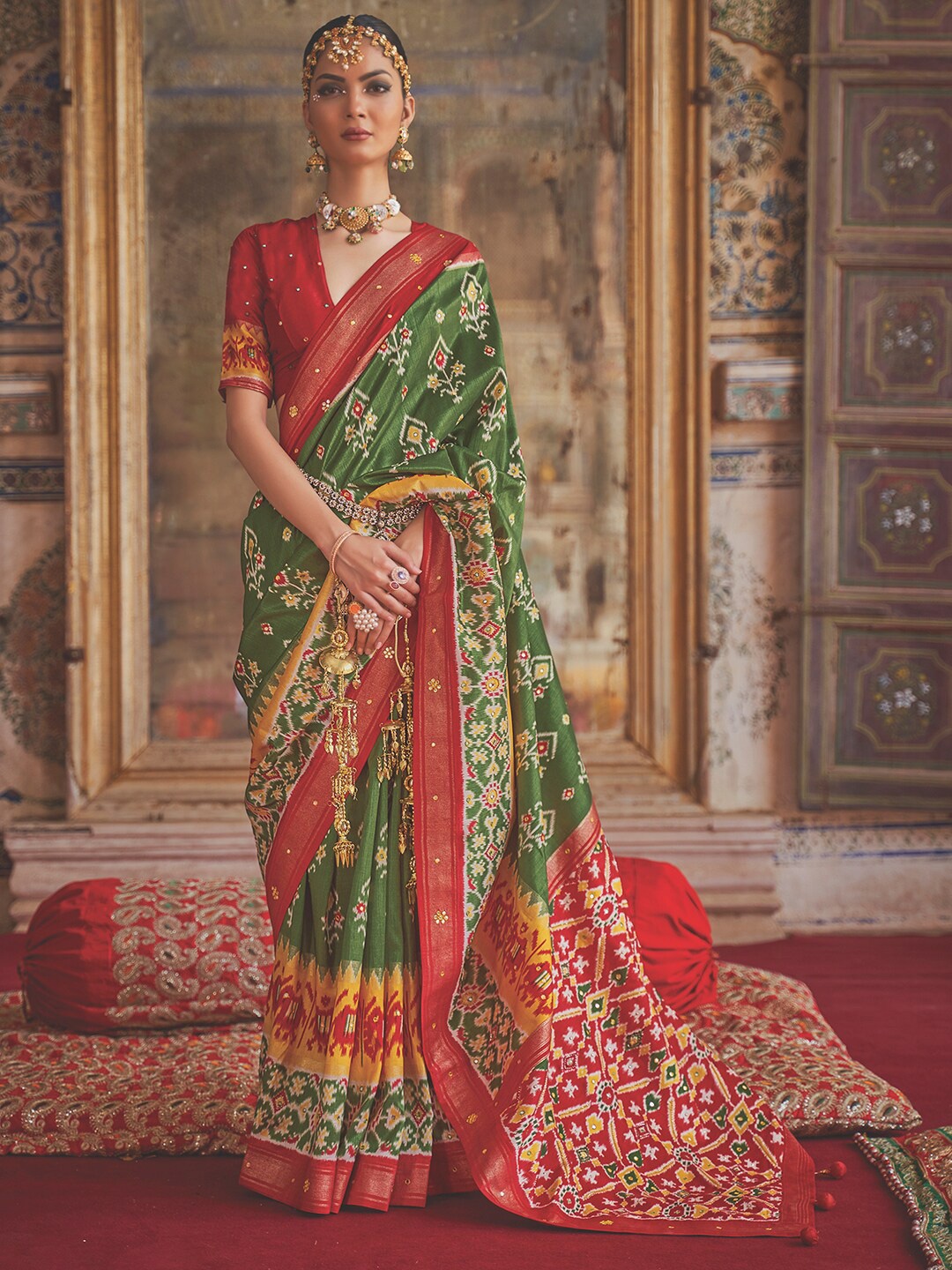 Anouk Ethnic Motifs Printed Mirror Work Pochampally Saree, Green