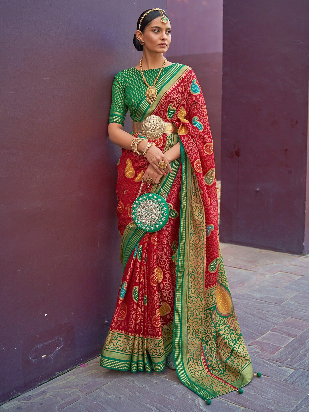 

Anouk Paisley Woven Brasso Saree, Red