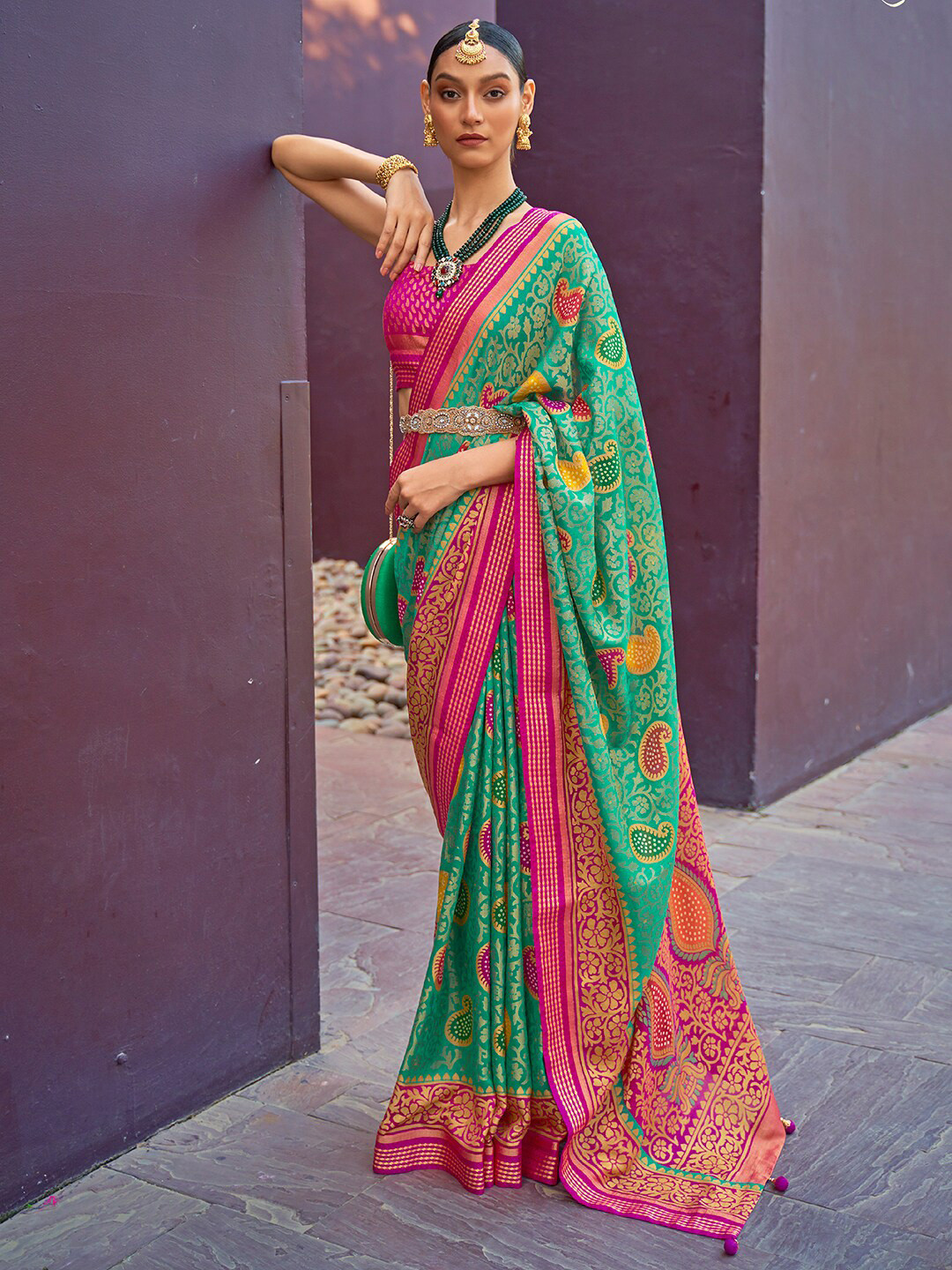 

Anouk Paisley Woven Design Brasso Bandhani Saree, Sea green