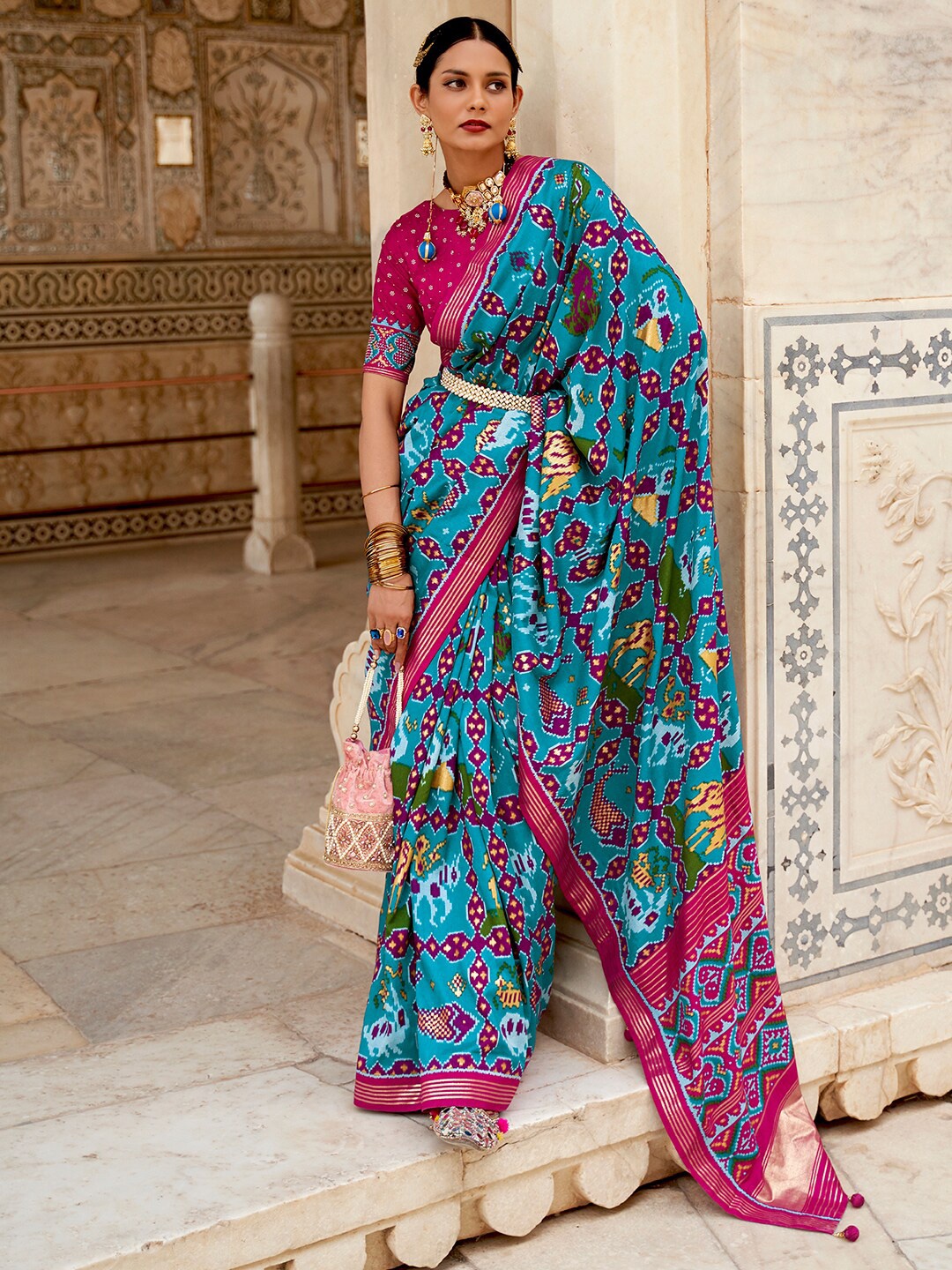 

Anouk Ethnic Motifs Printed Zari Patola Saree, Blue