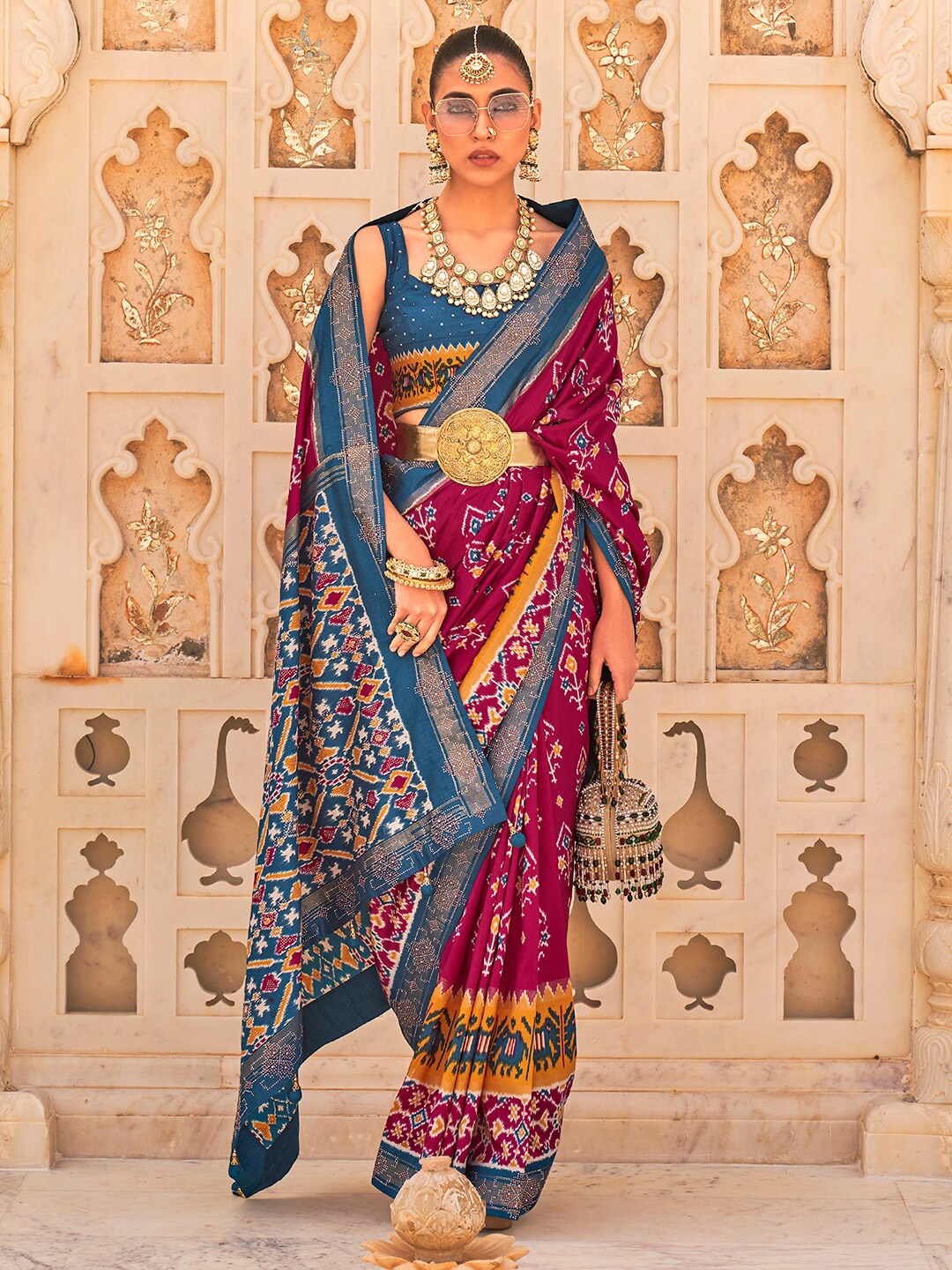 

Anouk Ethnic Motifs Printed Beads And Stones Embellished Patola Saree, Magenta