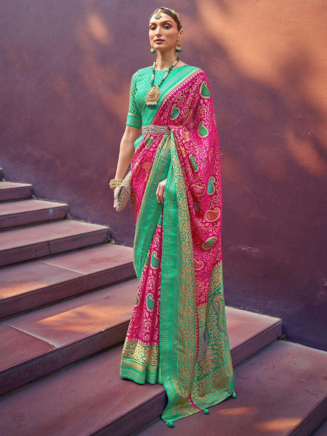

Anouk Paisley Woven Brasso Zari Saree, Pink
