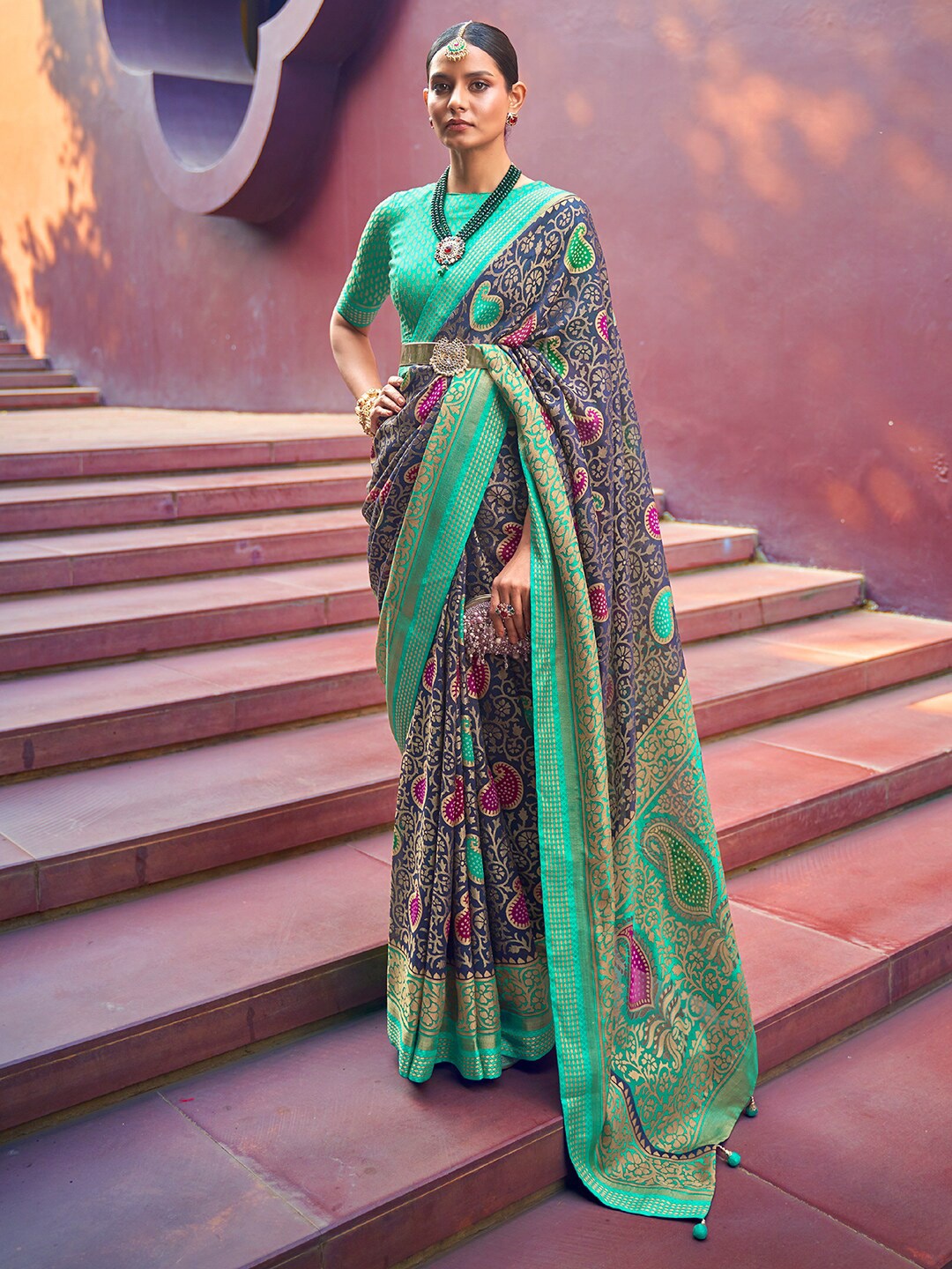

Anouk Paisley Motifs Brasso Bandhani Saree, Navy blue