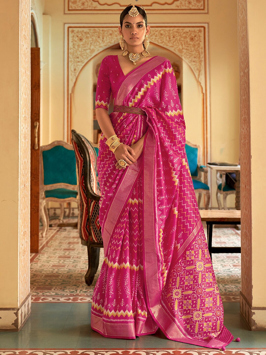Anouk Silk Blend Ikat Saree, Pink