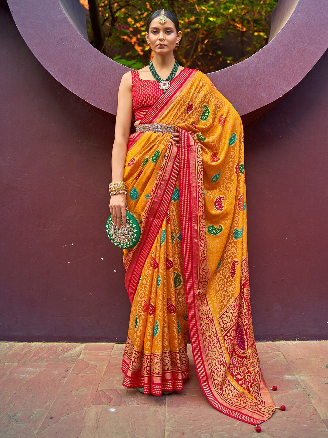 

Anouk Paisley Woven Design Brasso Bandhani Saree, Yellow