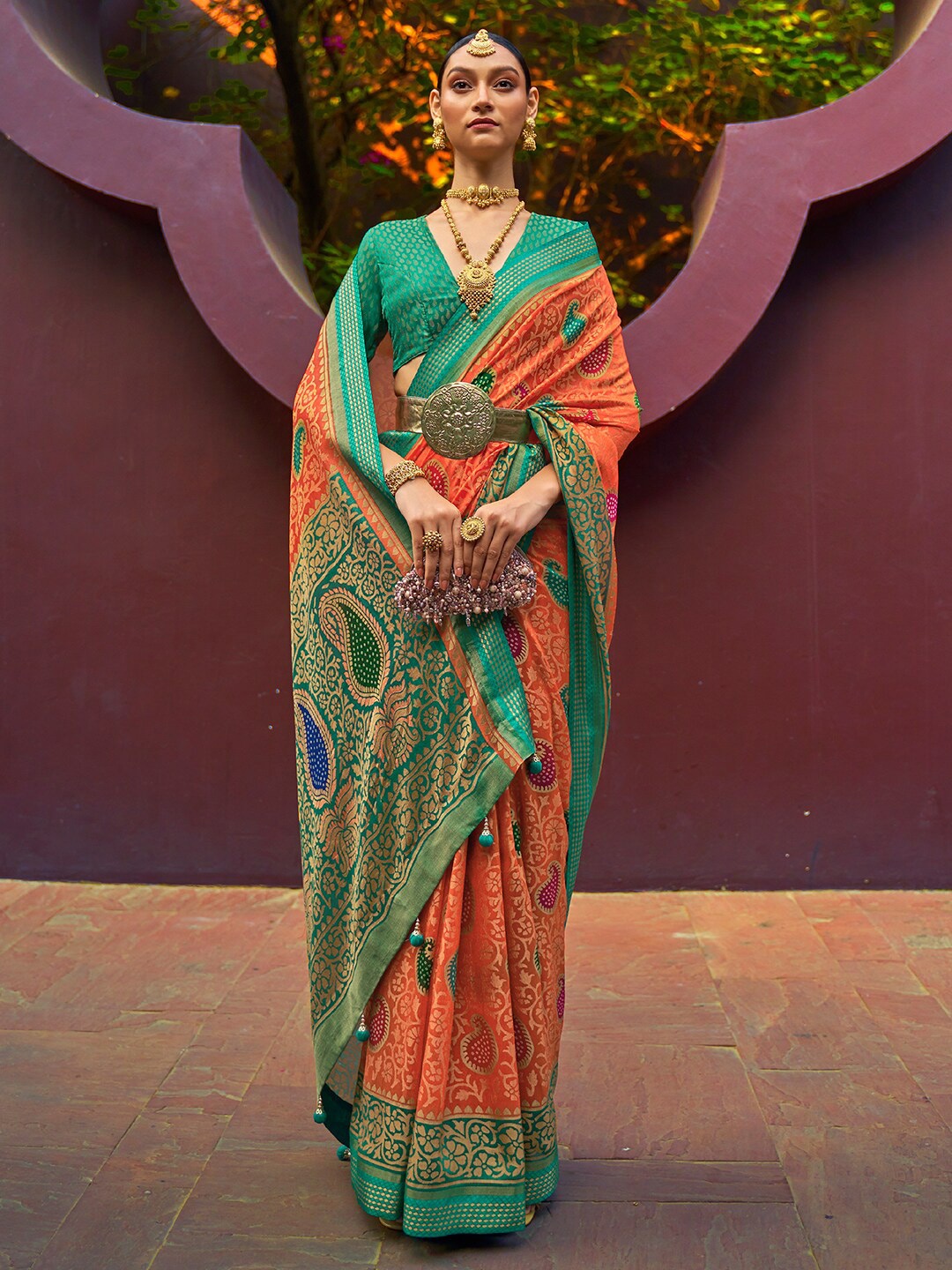 Anouk Ethnic Motifs Woven Design Brasso Bandhani Saree, Orange