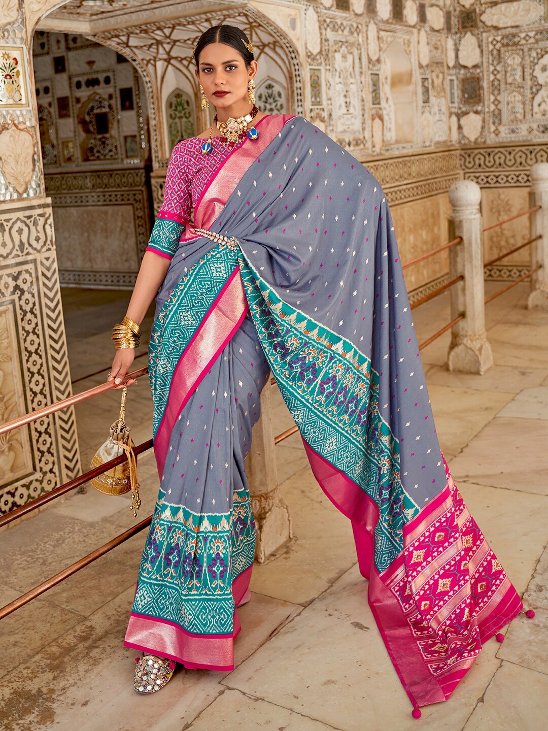 

Anouk Ethnic Motifs Printed Pochampally Saree, Grey