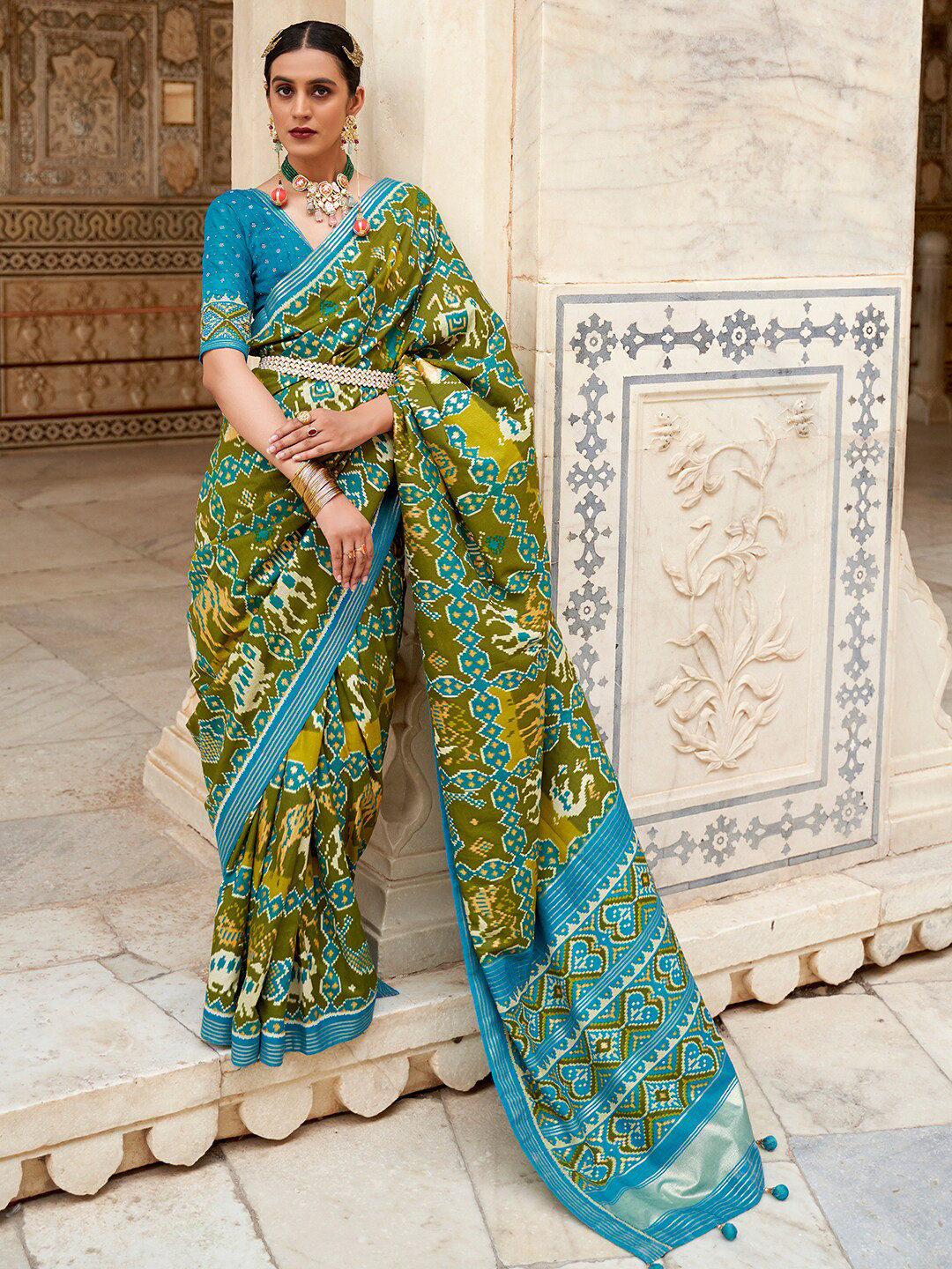 

Anouk Ethnic Motifs Woven Design Silk Blend Patola Saree, Olive