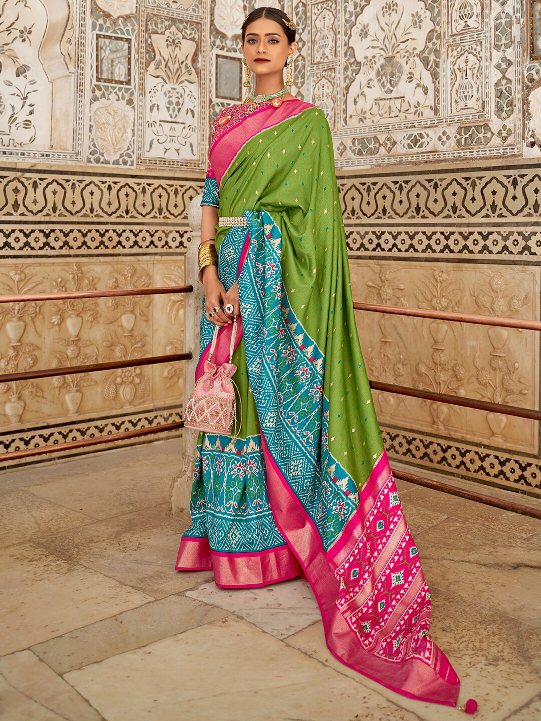 

Anouk Green Ethnic Motif Silk Blend Pochampally Saree