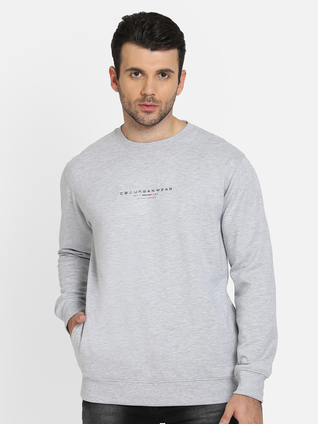 

Cantabil Men Printed Fleece Sweatshirt, Grey melange