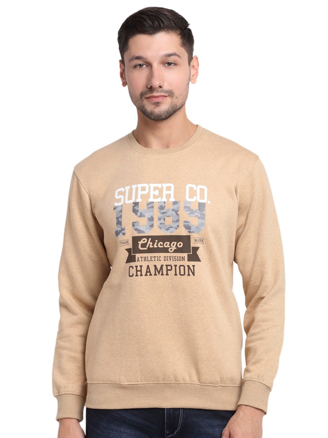 

Cantabil Men Printed Fleece Sweatshirt, Brown