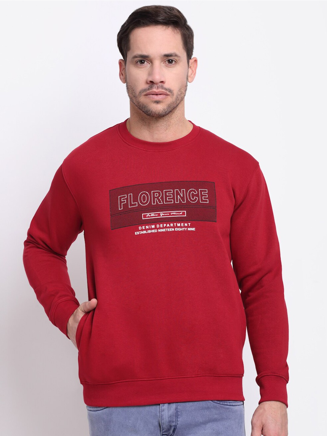Cantabil Typography Printed Fleece Sweatshirt, Maroon