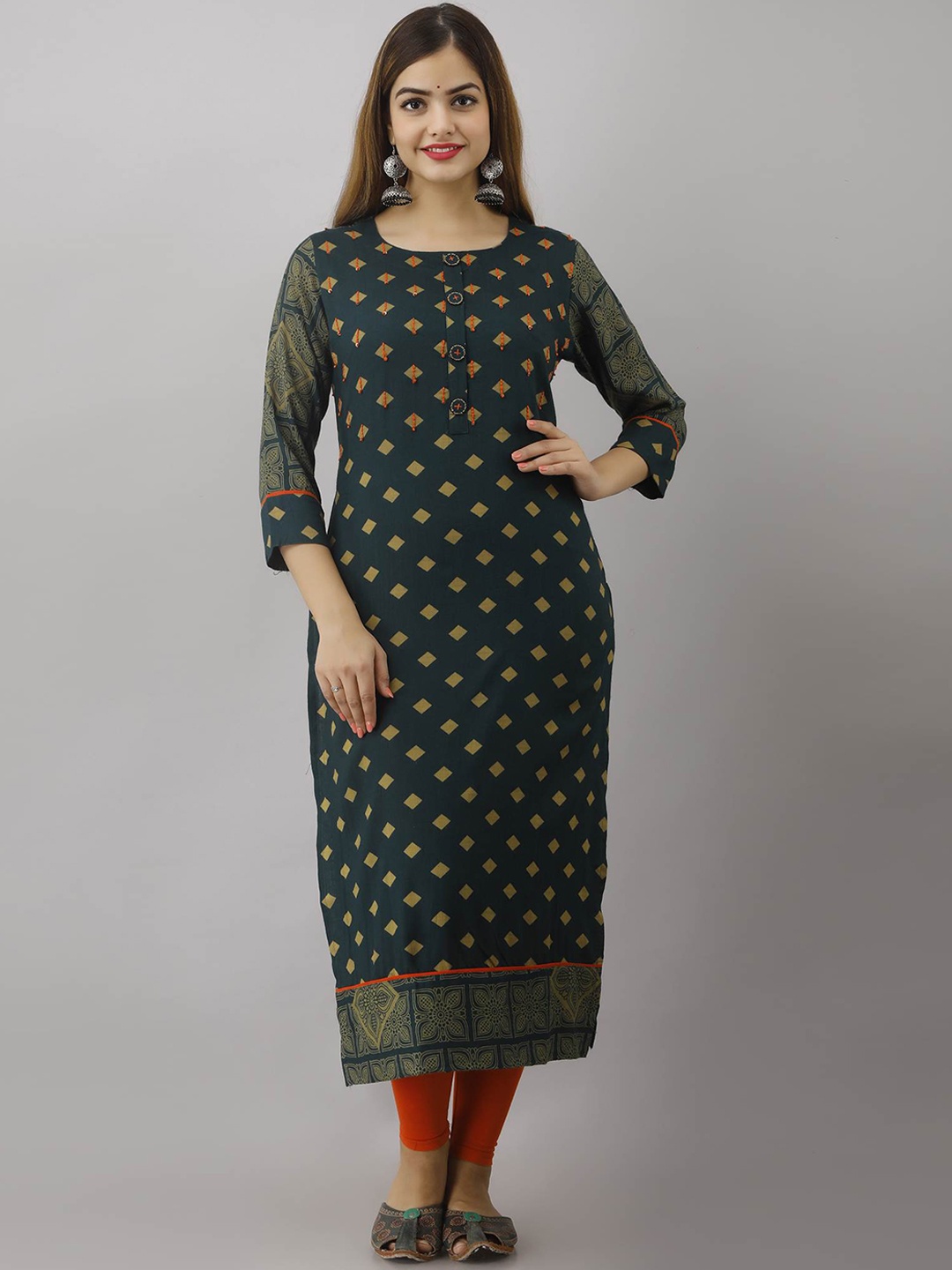 

Nehamta Ethnic Motifs Printed Thread Work Straight Kurta, Teal