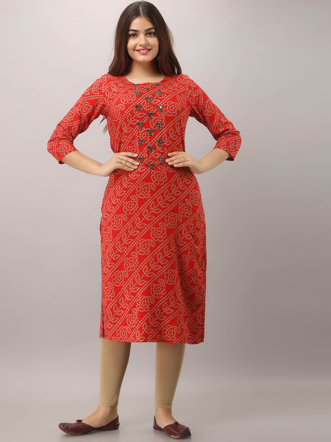 

Nehamta Women Red Bandhani Printed Mirror Work Kurta