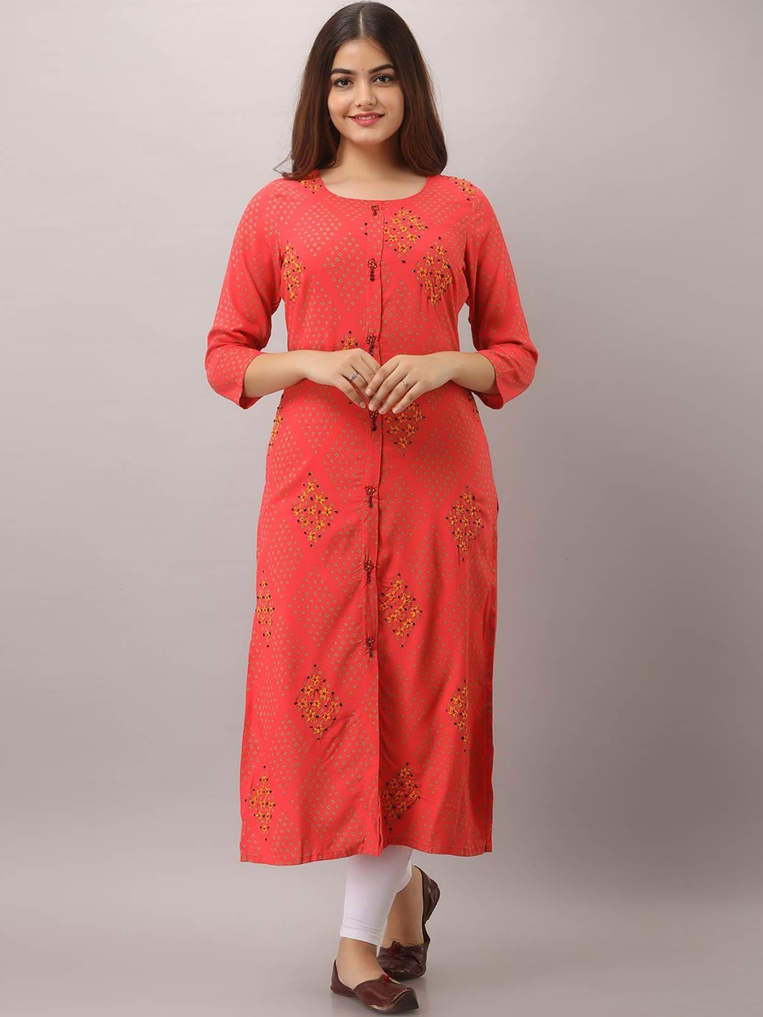 Nehamta Geometric Printed Kantha Work Straight Kurta, Red