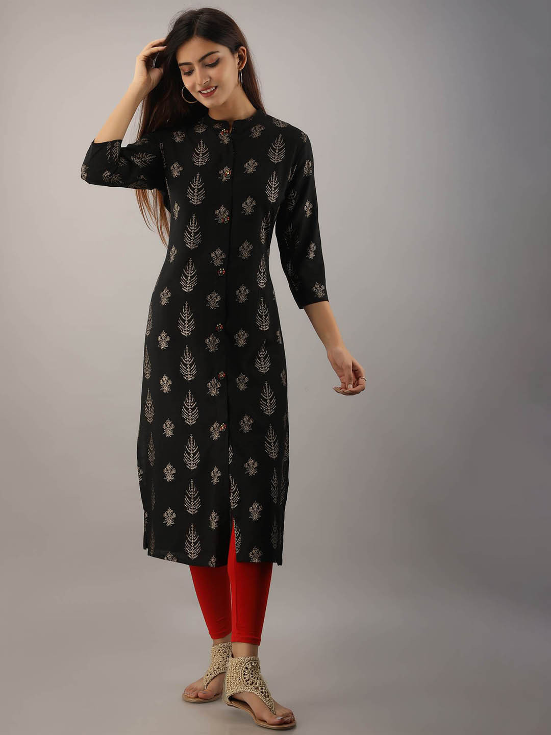 

Nehamta Women Black Embellished Flared Sleeves Mirror Work Kurta