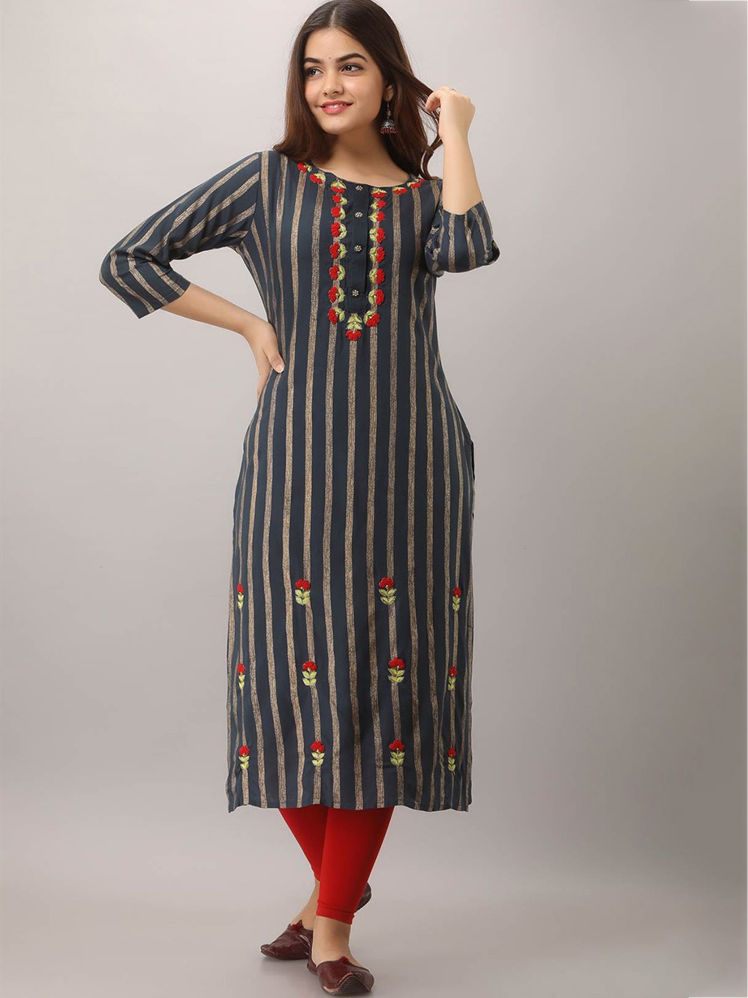 

Nehamta Women Teal Ethnic Motifs Printed Thread Work Kurta