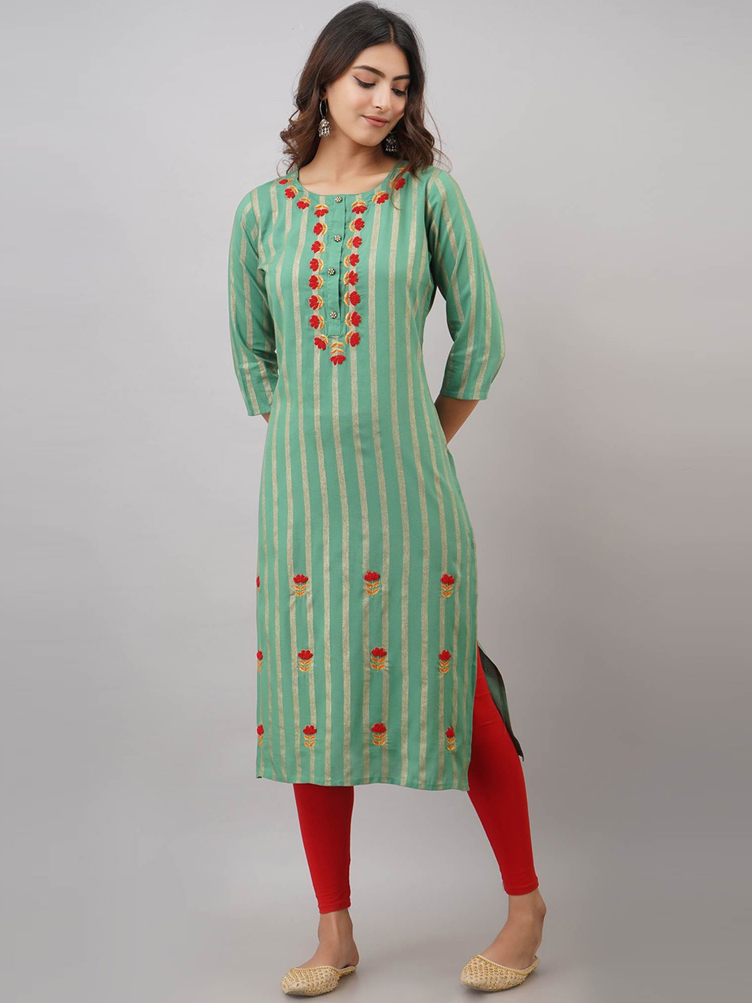 Nehamta Women Green Striped Kurta