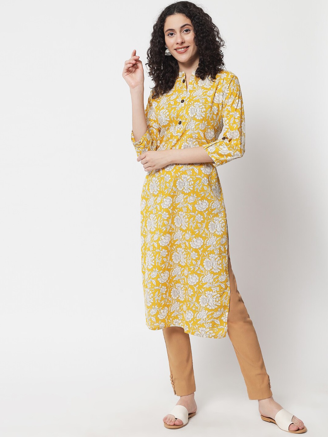 

Nehamta Floral Printed Mandarin Collar Cotton Kurta, Mustard