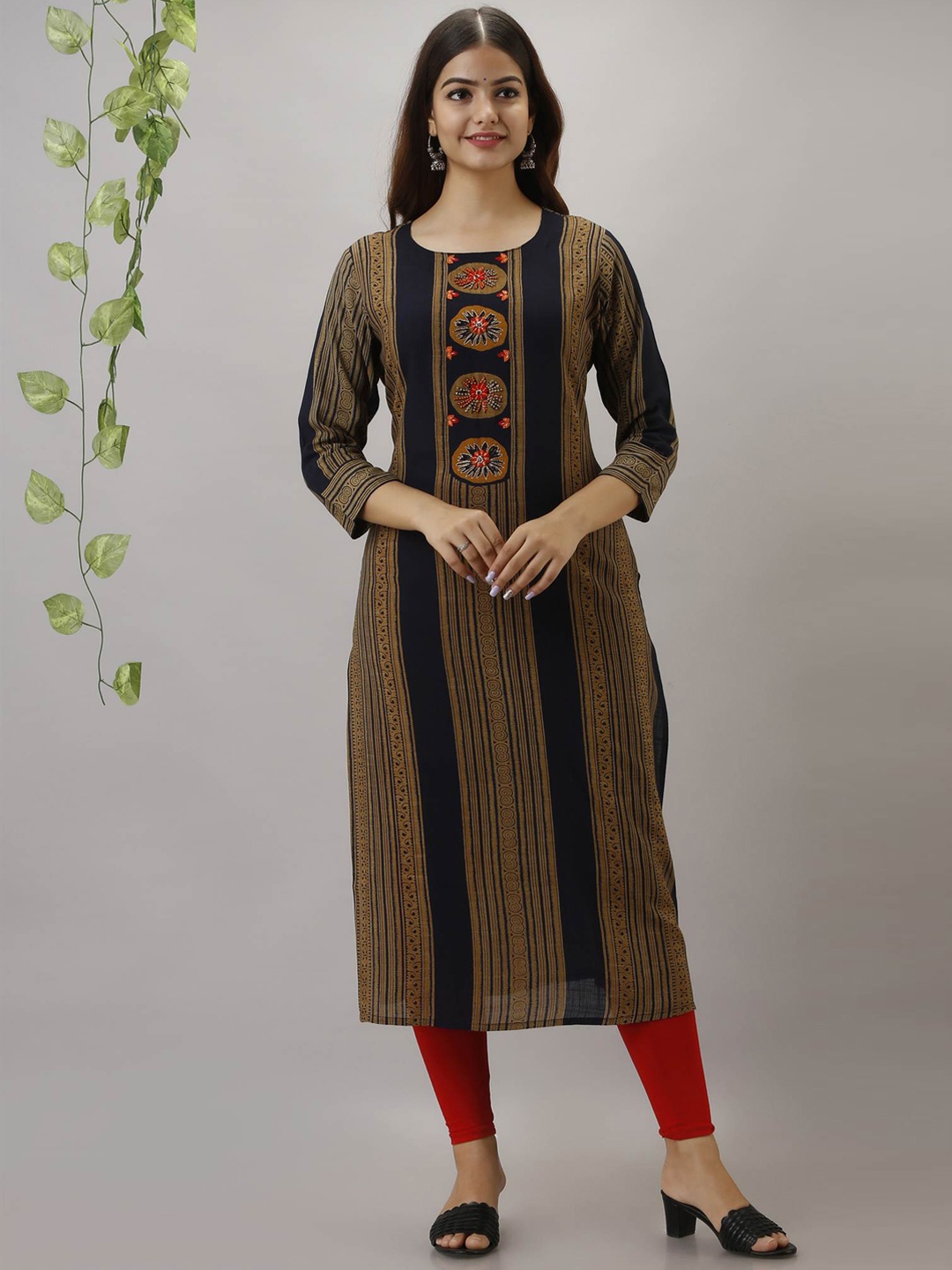 

Nehamta Women Navy Blue Striped Thread Work Anarkali Kurta