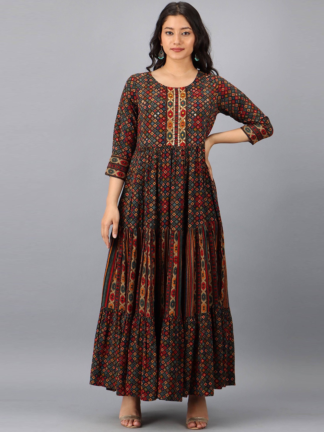 

Nehamta Ethnic Motifs Printed Sequined Tiered Anarkali Kurta, Maroon