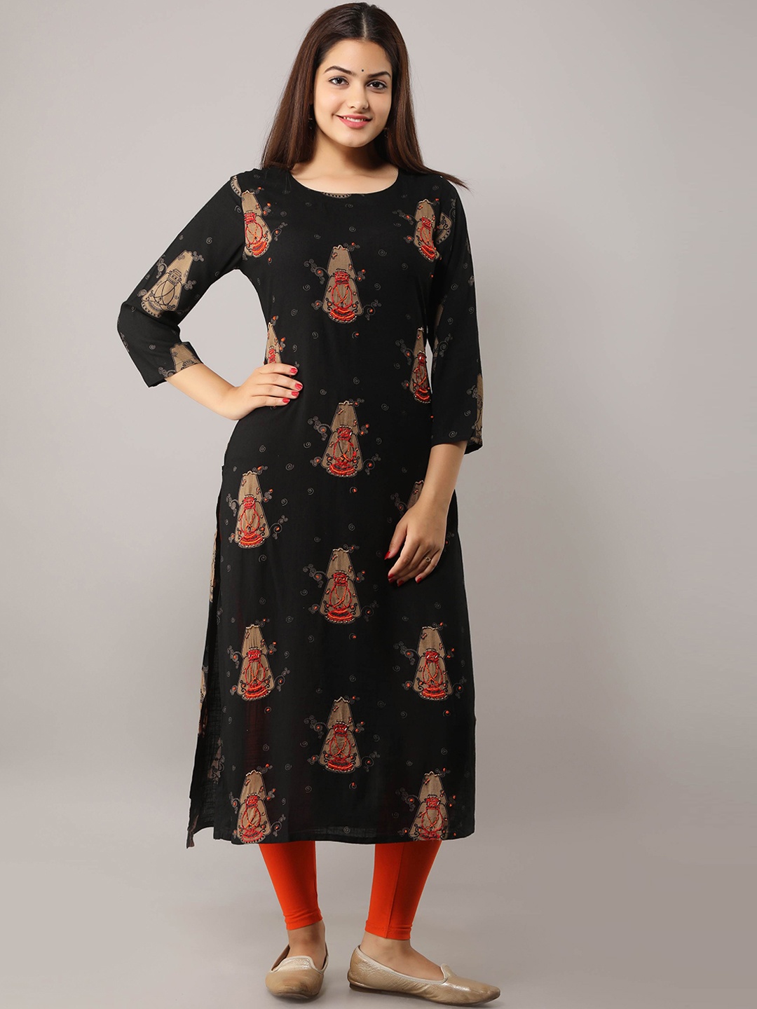 Nehamta Ethnic Motifs Printed Thread Work Straight Kurta, Black
