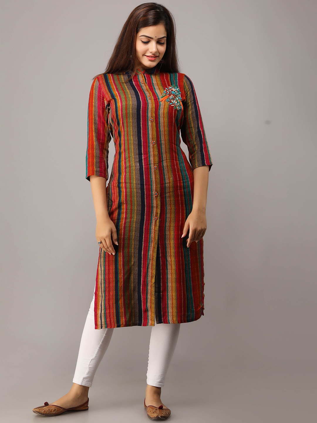 

Nehamta Striped Mandarin Collar Kurta, Red