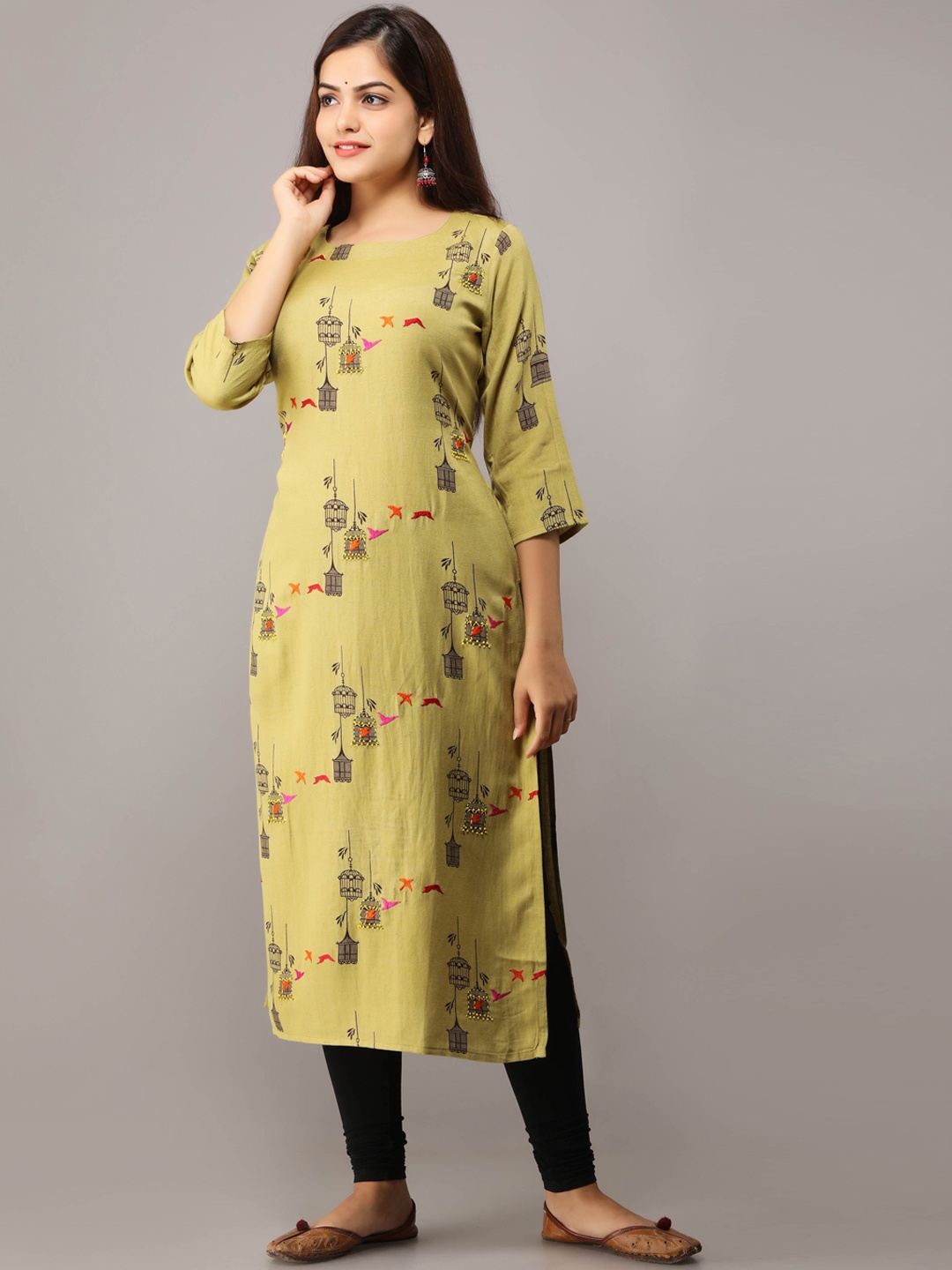 

Nehamta Women Green Printed Kantha Work Kurta