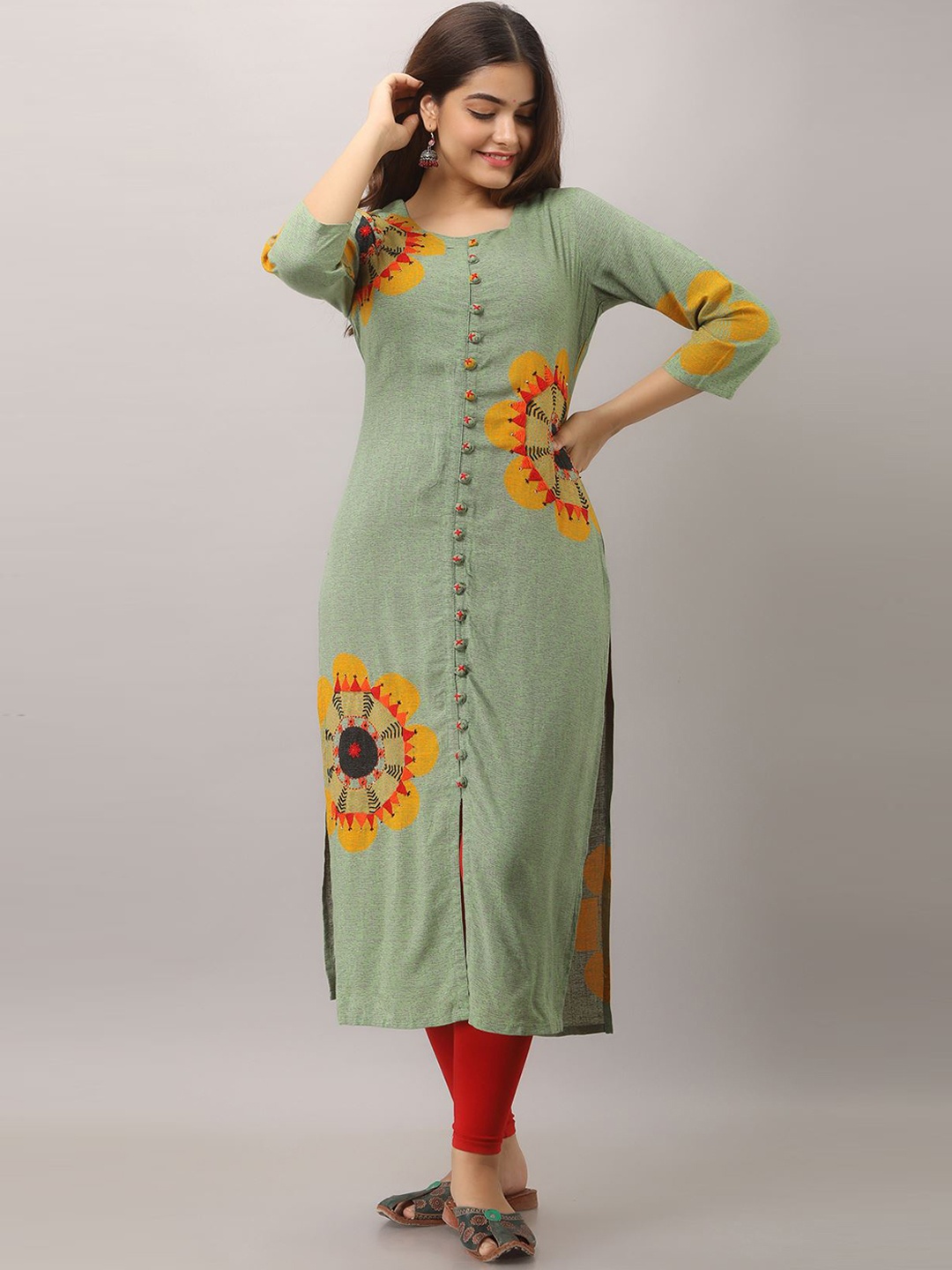 

Nehamta Ethnic Motifs Printed Kantha Work Straight Kurta, Green