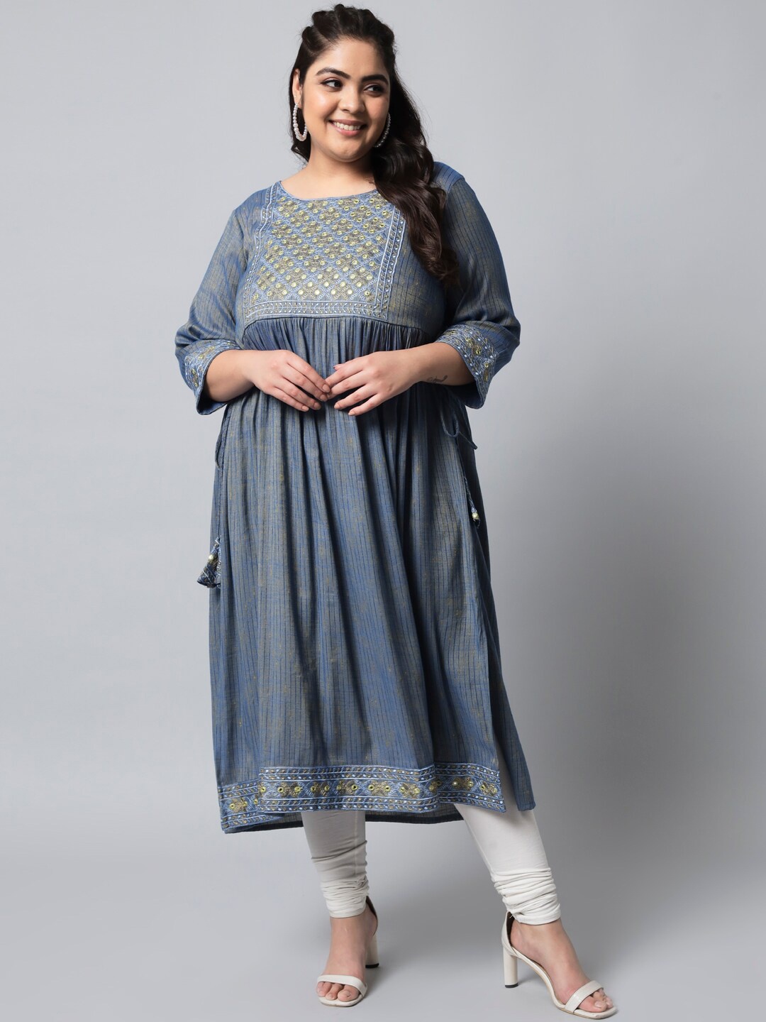 

Nehamta Empire Striped Mirror Work Anarkali Silk Kurta, Blue