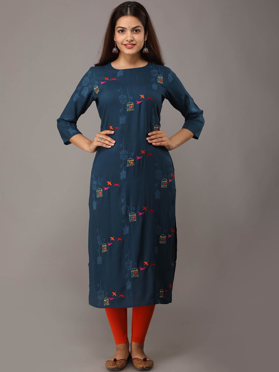 

Nehamta Ethnic Motifs Printed Kantha Work Straight Kurta, Blue