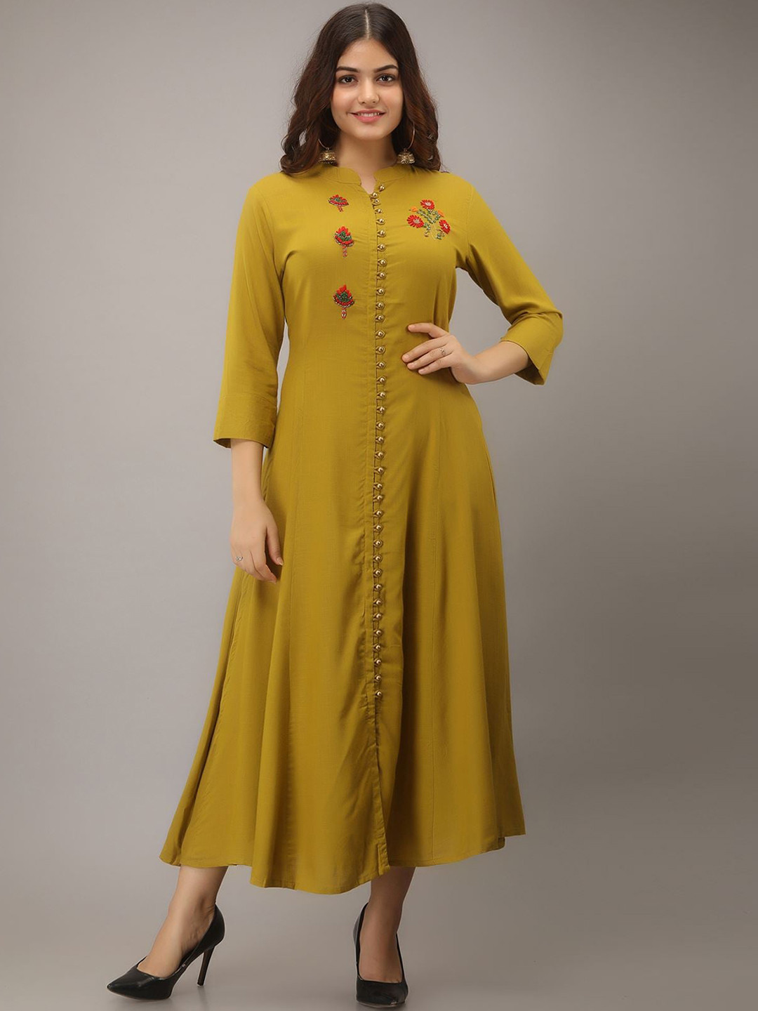 

Nehamta Ethnic Motif Embroidered Mandarin Collar A-Line Dress, Yellow