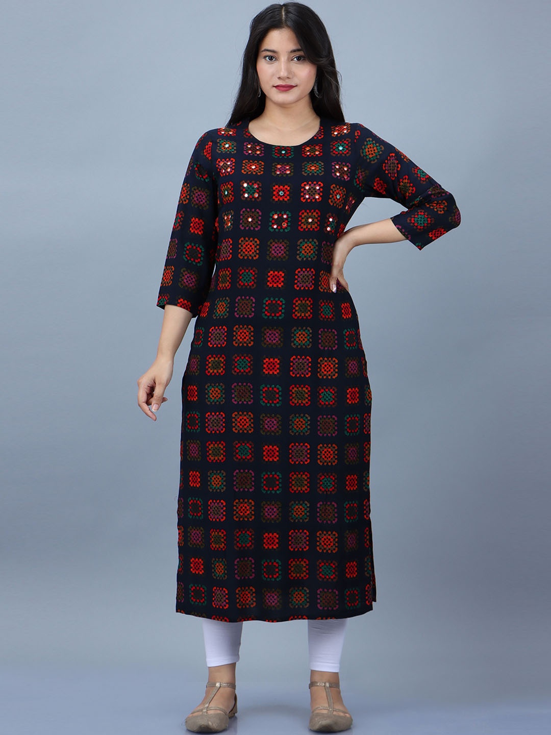 

Nehamta Geometric Printed Mirror Work Kurta, Navy blue