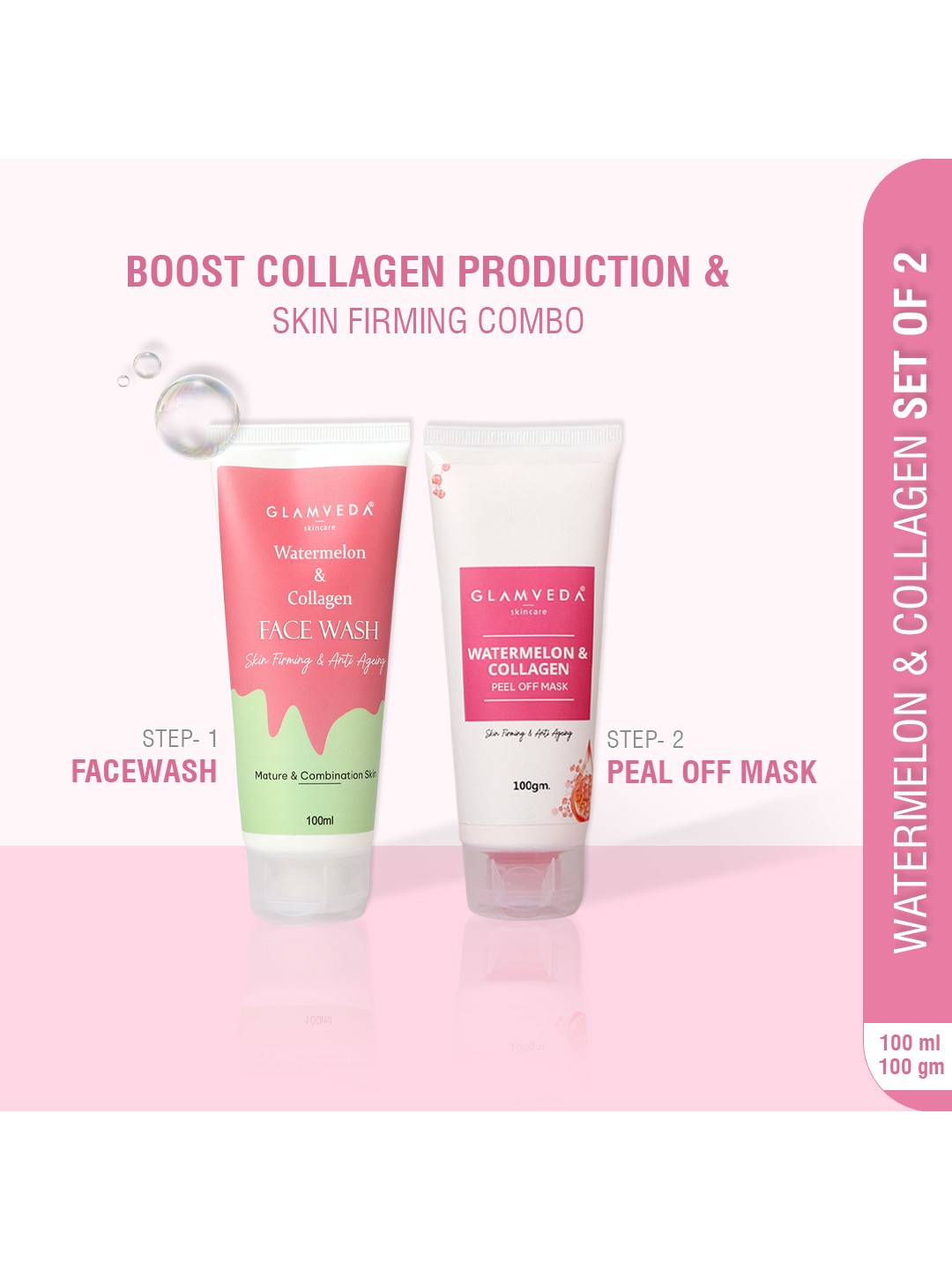 

GLAMVEDA Set Of 3 Watermelon & Collagen Anti Ageing Skin Care Gift Set, Pink