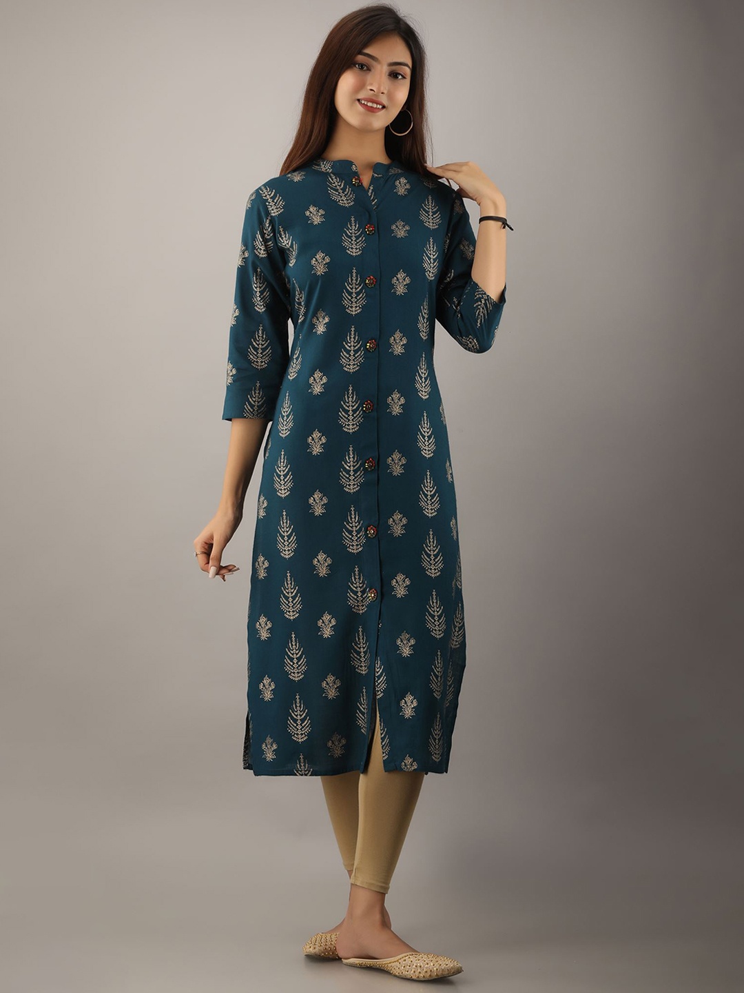 

Nehamta Ethnic Motifs Printed Foil Print Band Collar Straight Kurta, Teal