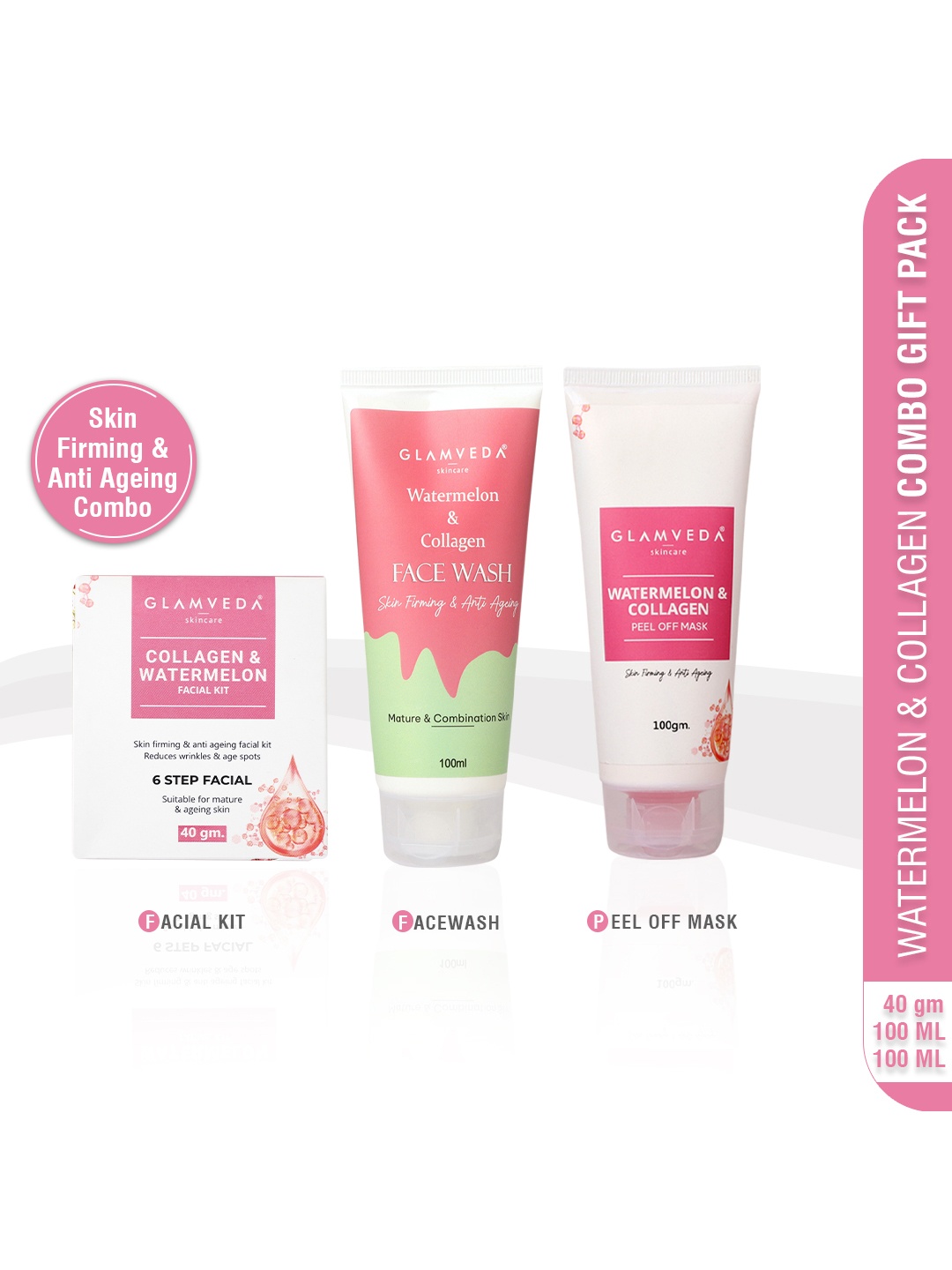 

GLAMVEDA Glamveda Set Of 3 Watermelon & Collagen Anti Ageing Face Wash & Face Peel Off With 6-Step Facial Kit, White