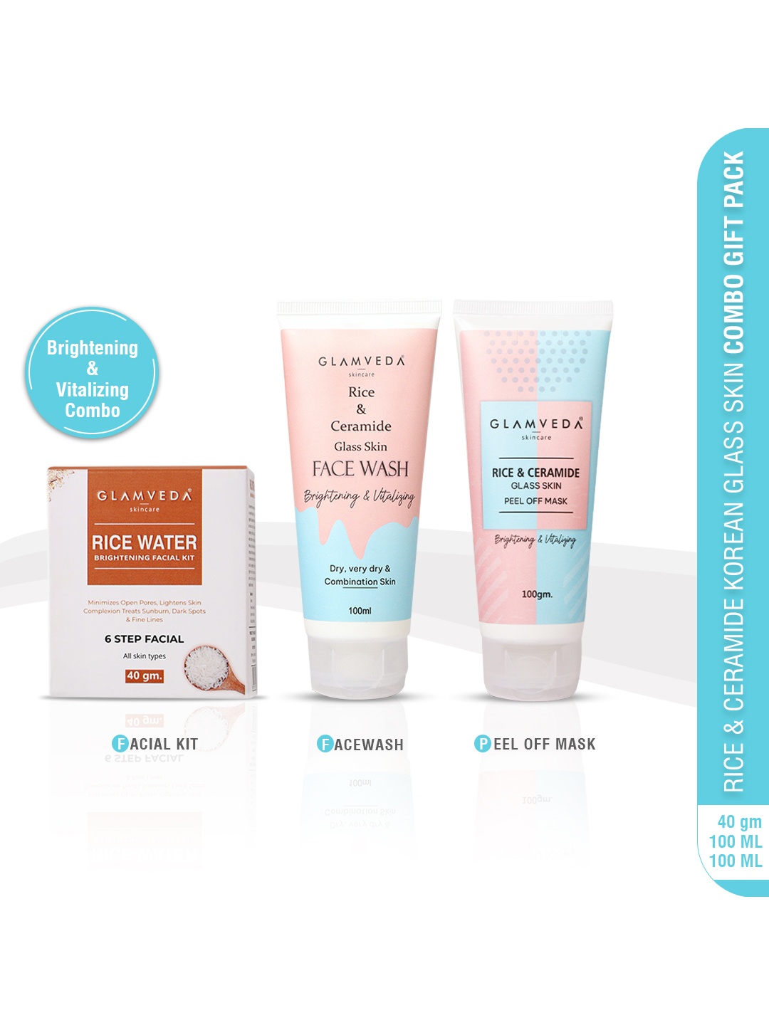 

GLAMVEDA Set Of 3 Rice & Ceramide Korean Glass Skin Face Wash & Face Peel Off With 6-Step Facial Kit, White