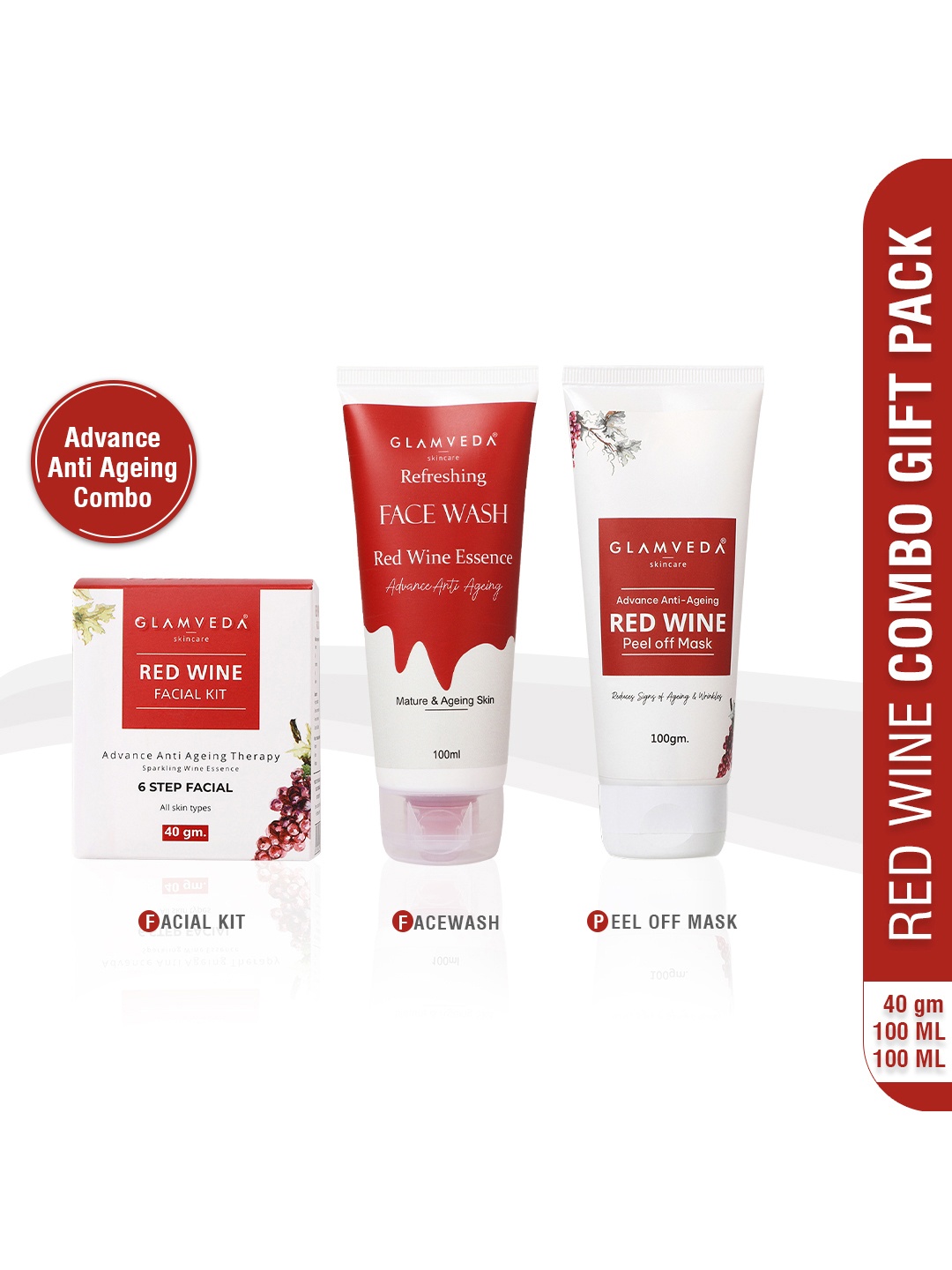 

GLAMVEDA Glamveda Set Of 3 Red Wine Advance Anti Ageing Face Wash & Face Peel Off With 6-Step Facial Kit, White