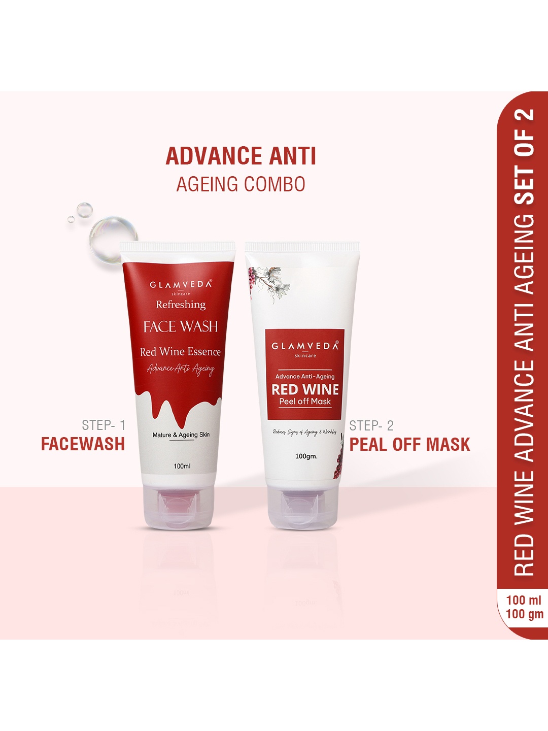 

GLAMVEDA Set Of 2 Red Wine Advance Anti Ageing Face Wash 100 ml & Peel Off Mask 100 g, White