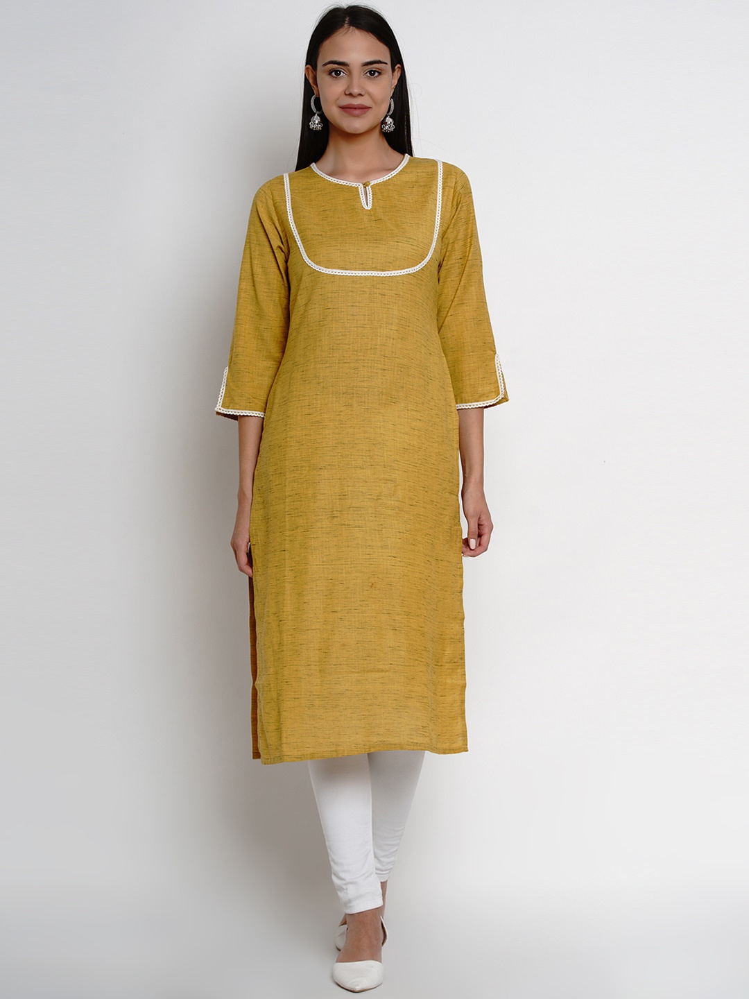 

Bhama Couture Keyhole Neck Woven Design Straight Kurta, Mustard