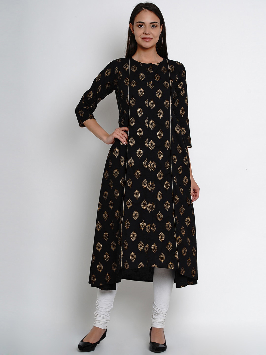 

Bhama Couture Paneled Ethnic Motifs Block Printed A-Line Kurta, Black