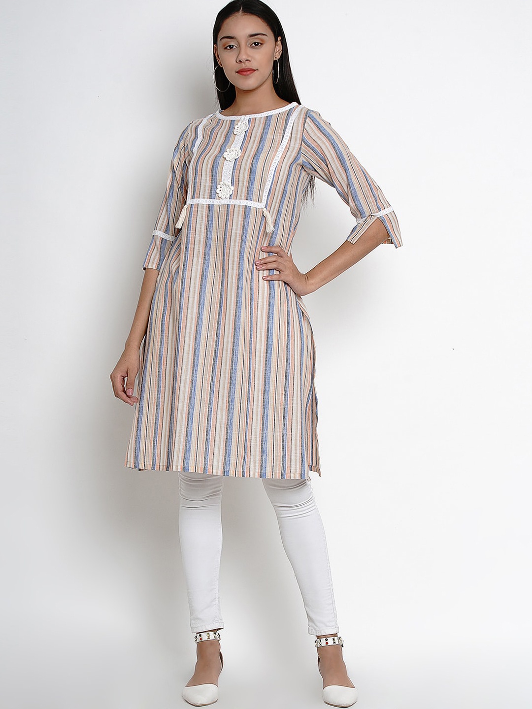 

Bhama Couture Striped Boat Neck Lace Up Straight Kurta, Beige
