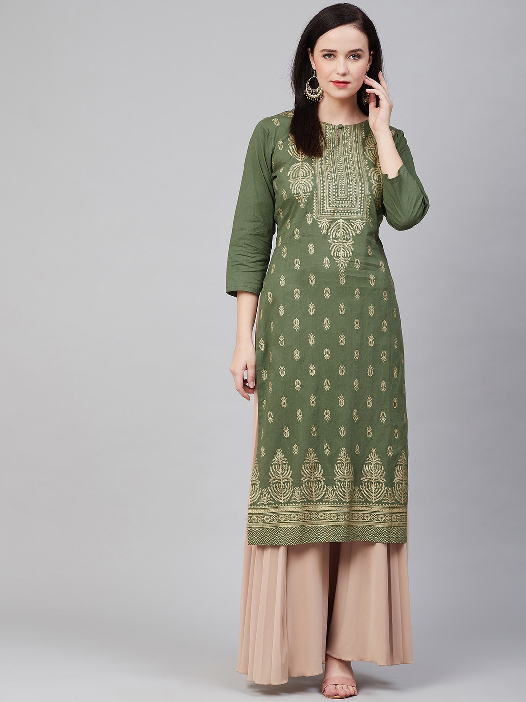 

Bhama Couture Women Olive Green Ethnic Motifs Keyhole Neck Kurta