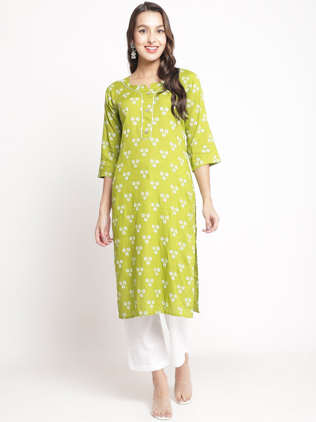 

Jinfo Floral Printed Notched Neck Straight Kurta, Green