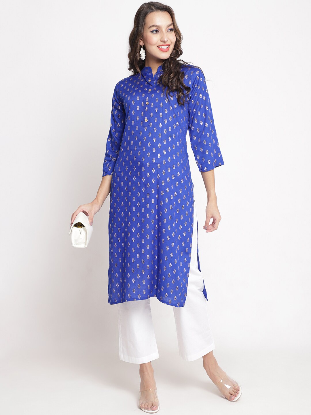 

Jinfo Ethnic Motifs Printed Mandarin Collar Kurta, Blue