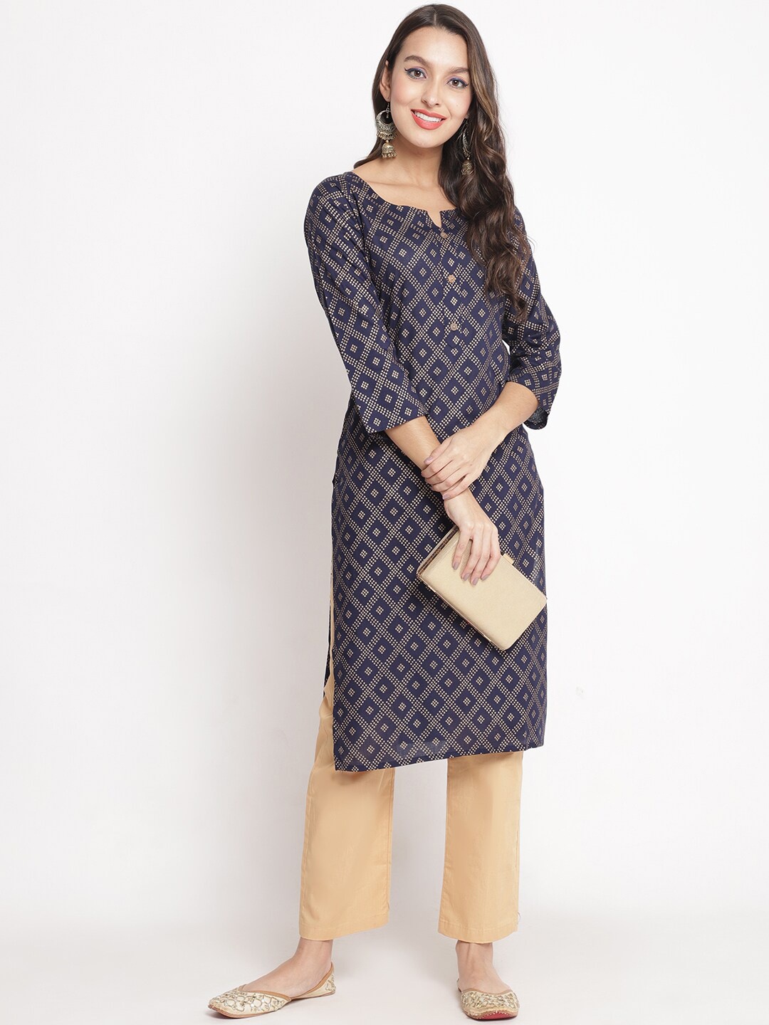 

Jinfo Notch Neck Ethnic Motifs Printed Straight Kurta, Navy blue